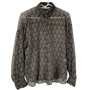 ZARA Sheer Paisley Print Button Up Long Sleeve Blouse Top Women's Size L
